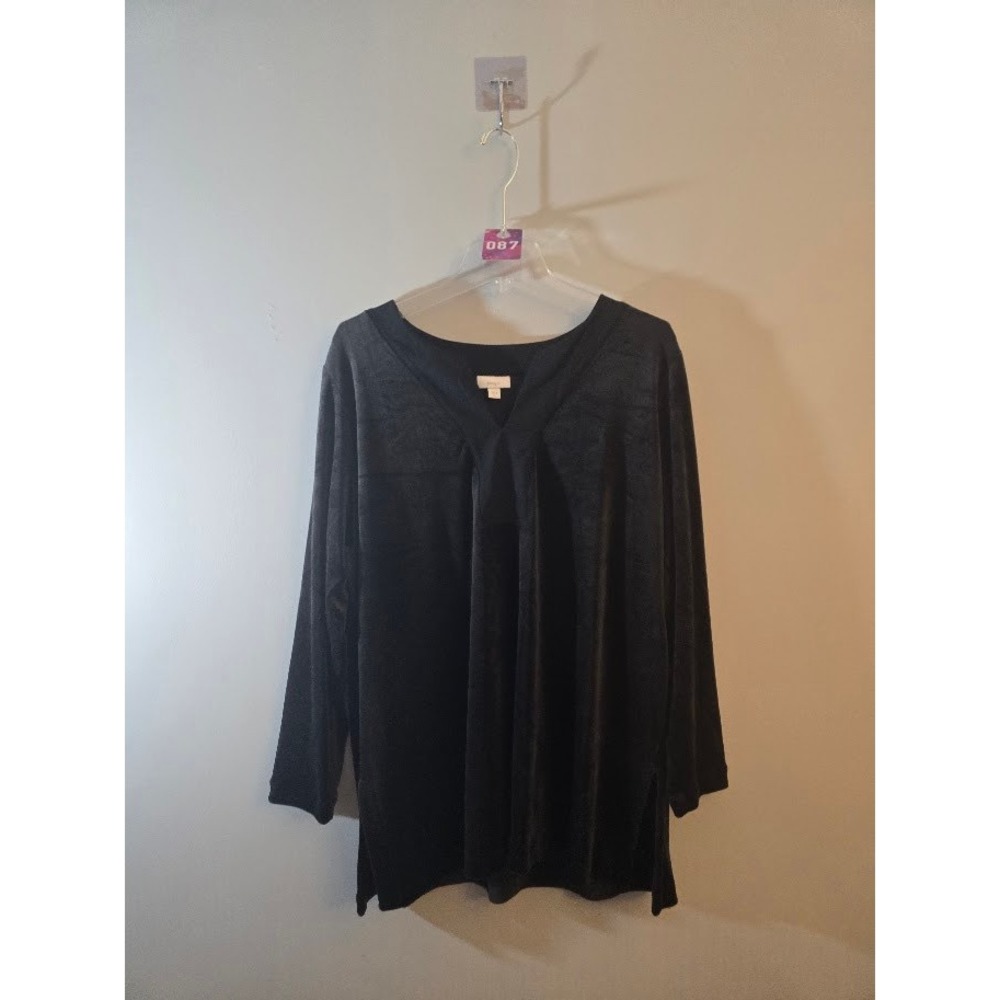 Pure Jill Women Top Black Velour V-Neck Long Sleeve Tunic Shirt Goth Size XL